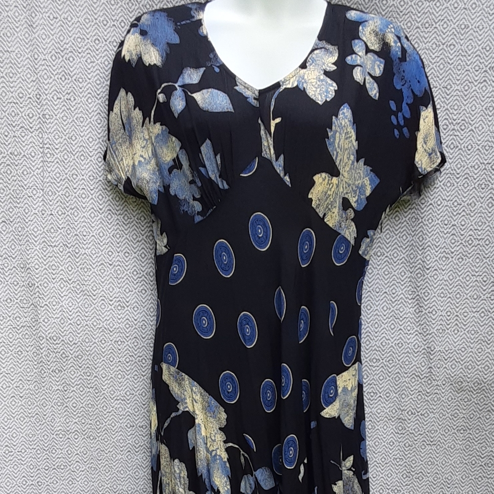 🖤 SO Good: Vintage 90s Floral Indigo Mexican Flowy Dress in vtg 14 - Picture 5 of 9